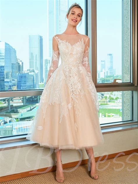 Illusion Neck Lace Appliques Tea Length Wedding Dress Discount Wedding