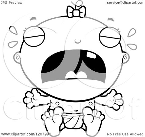 Cartoon Of A Black And White Crying Baby Infant Girl