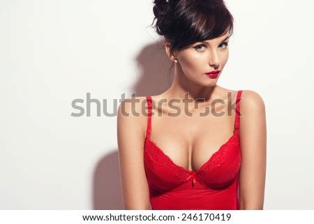 Beautiful Brunette Woman Posing Red Lingerie Stock Photo Edit Now