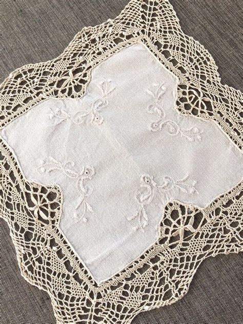 vintage embroidered table linen embroidered linen doily with bobbin lace trim vintage doilies