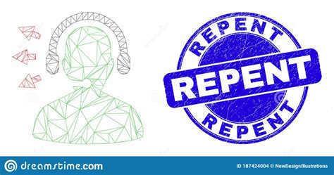 Blue Scratched Repent Stamp And Web Mesh Operator Talk Stock