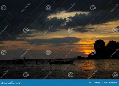Silhouette Of Cliff At Sunset On Sea Beach Seaside Resort In Thailand