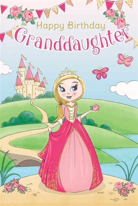 This birthday blessing is a beautiful way to wish your granddaughter a wonderful year. Granddaughter Birthday Card - Princess, Castle, Pink Roses & Butterflies 9" x 6"
