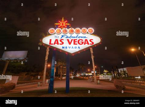 Famous Las Vegas Sign At Night In Las Vegas City Nevada Usa Stock