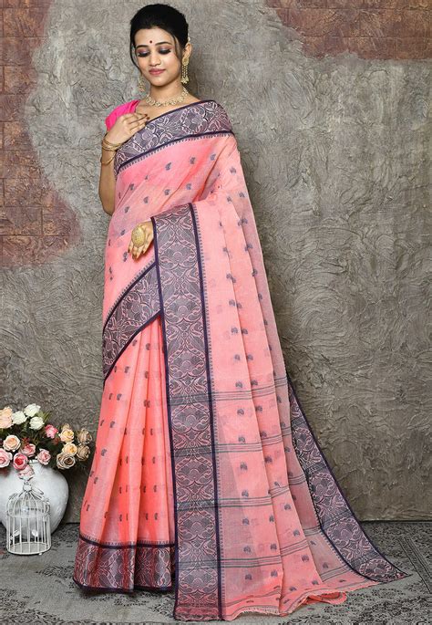 Woven Cotton Tant Saree In Pink Shxa2150