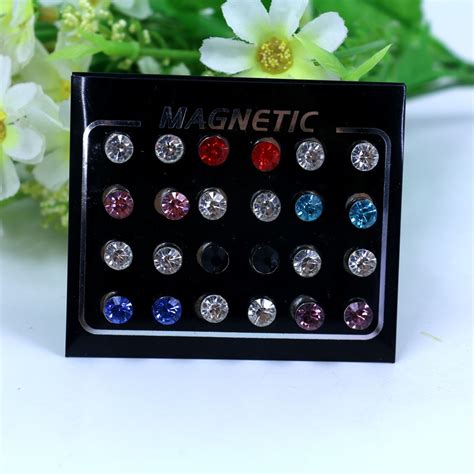 Fashion 6mm Shiny No Hole Round Crystal Magnetic Magnet Earrings For