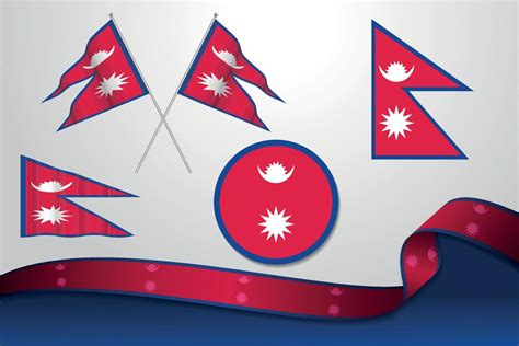 Set Of Nepal Flags In Different Designs Icon Flaying Flags With Ribbon
