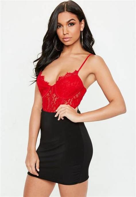 Red Strappy Non Wired Lace Cupped Panel Bodysuit Red From Missguided On Buttons