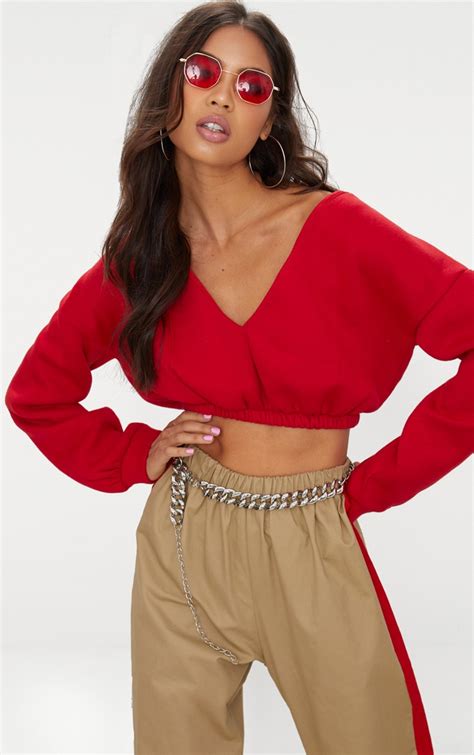 Red Crop Off Shoulder Sweater Tops Prettylittlething