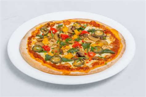 Hot Fresh Chicken Mushroom Jalapeno Pizza On White Plate Isolated White