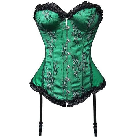Green Floral Embroidery Satin Push Up Corsets And Bustiers Flower