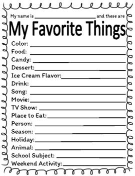 My Favorite Things Activity By Kallee Carney Teachers Pay Teachers