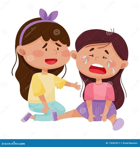 Friendly Little Girl Comforting Her Crying Friend Vector Illustration