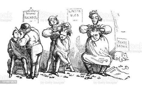 british satire comic cartoon caricatures illustrations three men getting their hair cut stock