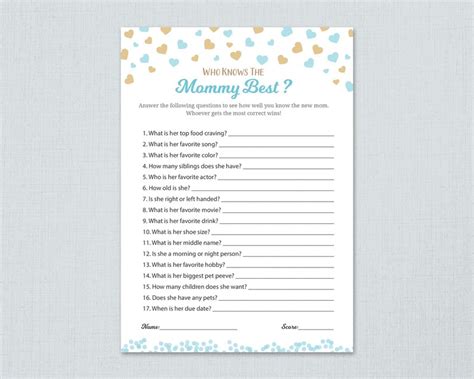 Who Knows Mommy Best Boy Baby Shower Game Printable Hearts Etsy