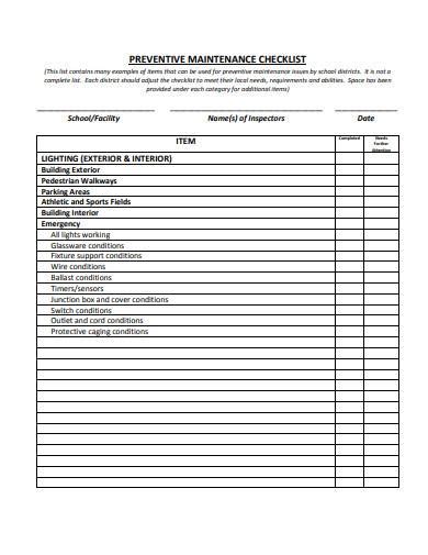 Preventive Maintenance Checklist 13 Printable Samples