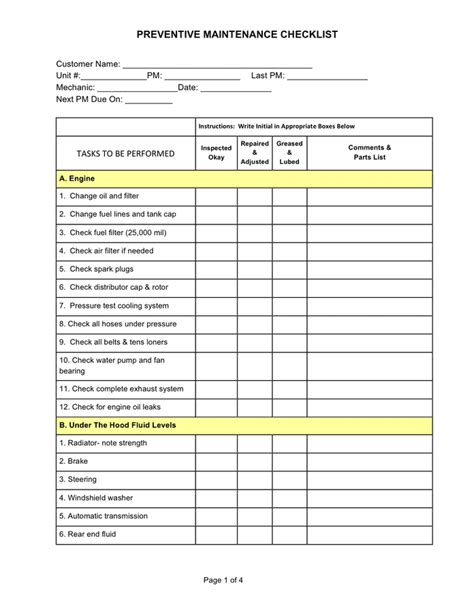 Preventive Maintenance Check Sheet In Word And Pdf Formats