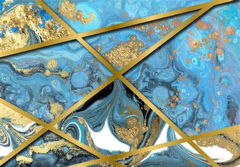 Blue And Gold Marbling Pattern Marble Liquid Texture With Golden