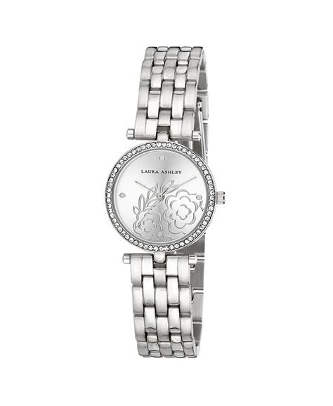 Laura Ashley Silver Five Link Floral Embossed Dial Stone Bezel Watch