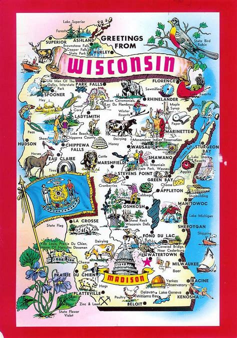 Detailed Tourist Illustrated Map Of Wisconsin State Wisconsin State