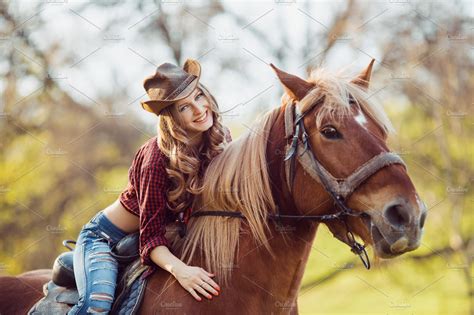 Beautiful Smiling Girl Riding Horse On Autumn Field High Quality