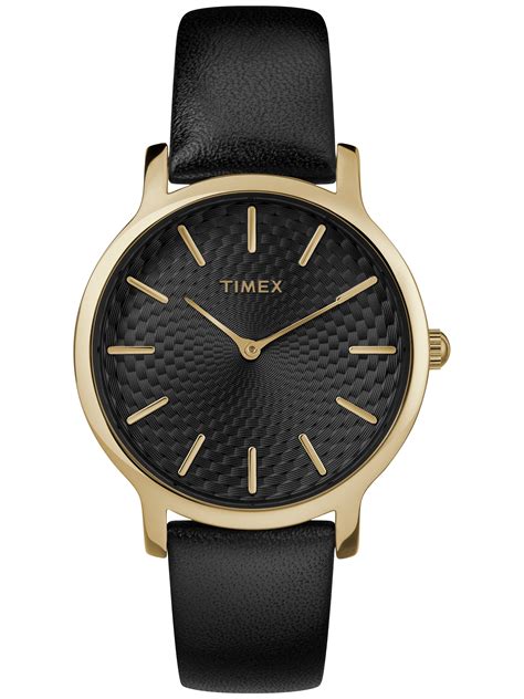Timex Womens Metropolitan 34mm Dress Watch Gold Tone Case Black Dial
