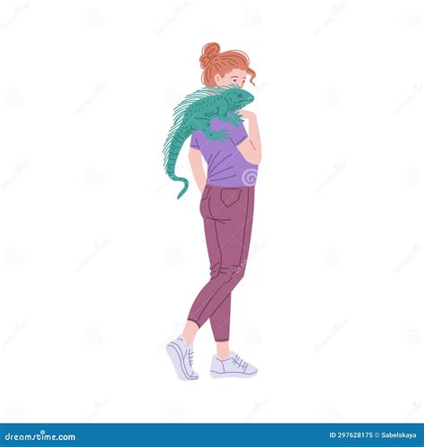 Girl Hold Iguana On Her Shoulder Stock Illustration Illustration Of