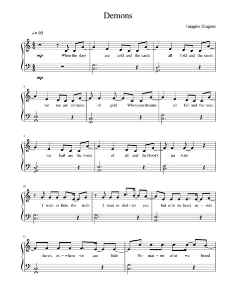 Demons ~ Imagine Dragons Easy Version Sheet Music For Piano