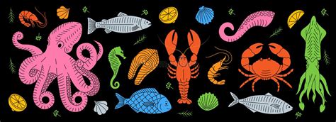 Seafood Hand Drawn Set Sea Animal Line Banner Seafood Meal Menu