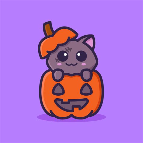 Cute Zombie Cat With Pumpkin Halloween Cartoon 2188596 Vector Art At