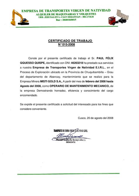 Certificado De Trabajo N