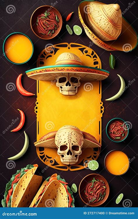 Traditional Mexican Illustration Banner With Skulls And Sombreros