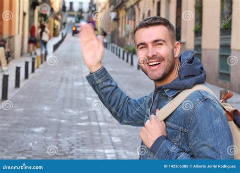 Cute Guy Saying Hi Outdoors Stock Image Image Of Hand Check 142306385