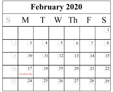 Blank February 2020 Calendar Printable Template Pdf Word Excel