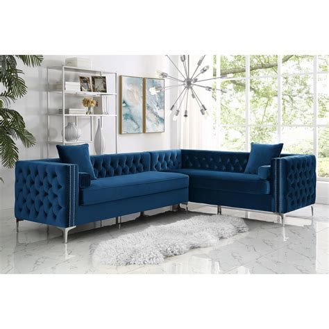 Giovanni Velvet Sectional Sofa Right Facing Navy Inspired Home