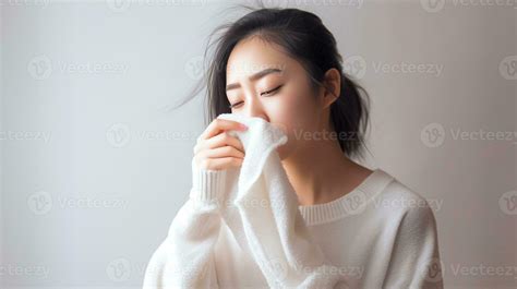 Ai Generative Sick Young Asian Woman Sitting Under The Blanket On Sofa