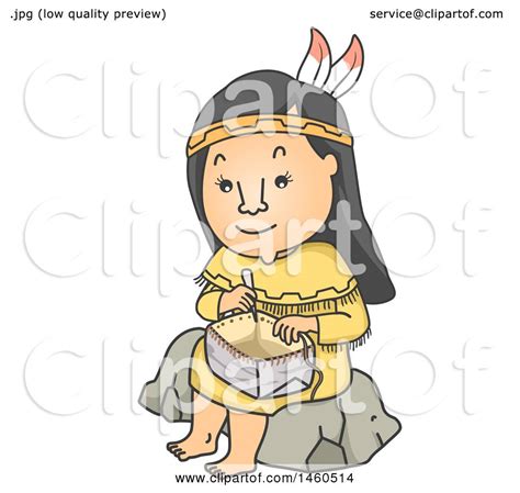 Clipart Of A Cartoon Native American Indian Woman Sitting On A Rock And