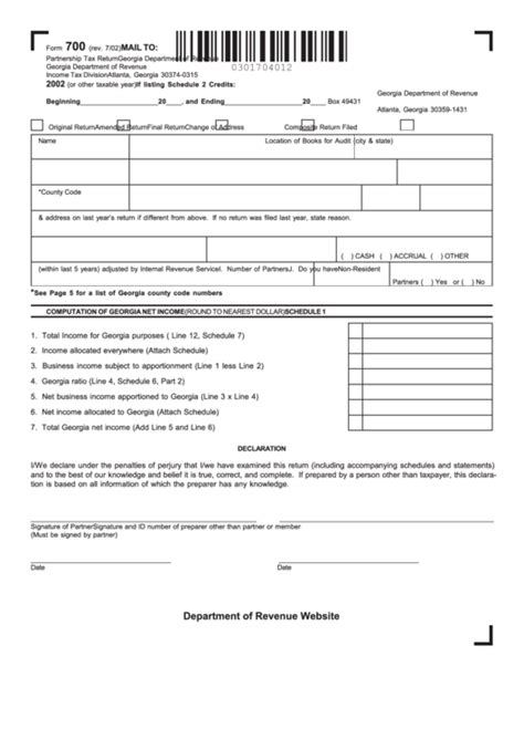 Georgia Form 700 Partnership Tax Return 2002 Printable