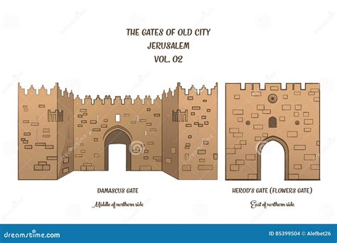 The Gates Of Jerusalem Damascus Gate Herod`s Gate Stock Vector