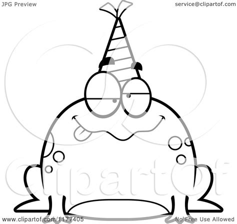 Cartoon Of A Black And White Drunk Birthday Frog Wearing A