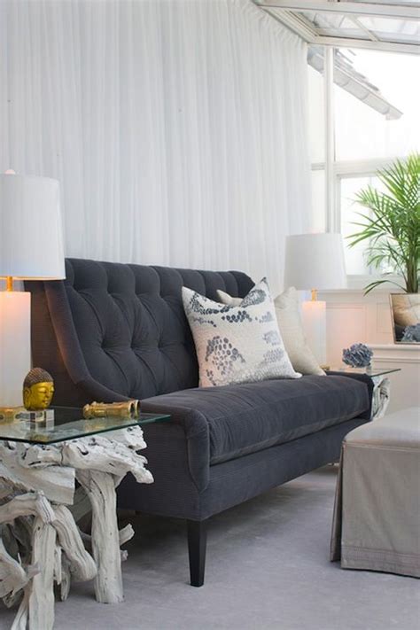 The color grey suits best for sofas or couches as it can accentuate the ambience of the whole living room. Tiffany Eastman Interiors - tufted sofa - white sheers ...