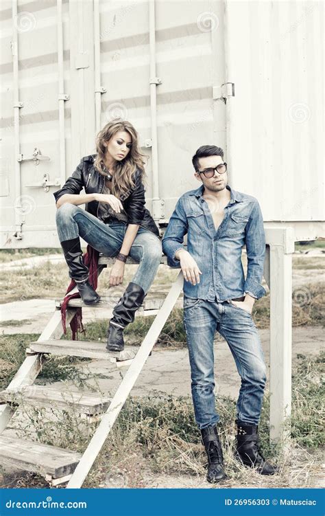 Attractive Fashionable Couple Wearing Jeans Stock Image Image Of