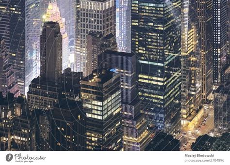 Aerial View Of New York City Modern Buildings At Night A Royalty