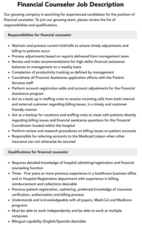 Financial Counselor Job Description Velvet Jobs