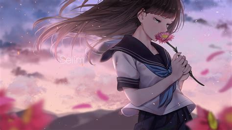 Download 1920x1080 Anime Girl Teary Eyes Sad Expression Wind Flowers Wallpapers For