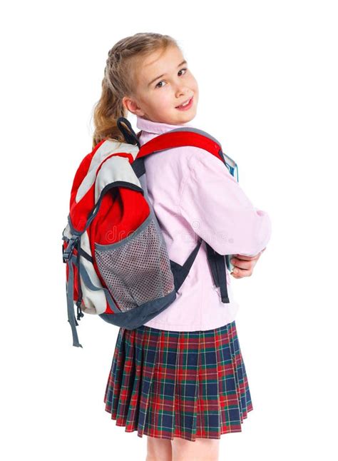 Little Blond School Girl With Backpack Bag Stock Image Image Of