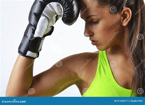 Beautiful Woman With The Black Boxing Gloves Stock Image Image Of Caucasian Adult 41126217