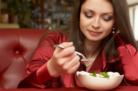 Beautiful Brunette Girl Eats S Stock Image Image Of Beautiful