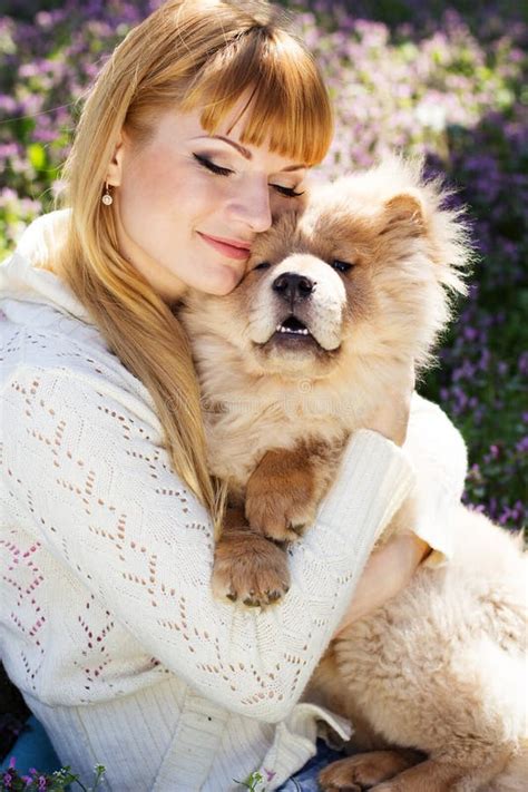 Portrait Of A Woman With Her Dog Outdoors Stock Image Image Of