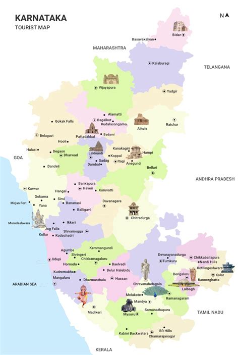 The map shows a map of karnataka with borders, cities and towns, expressways, main roads and streets, and the location of bengaluru international. Karnataka Travel Map Tour Map Guide